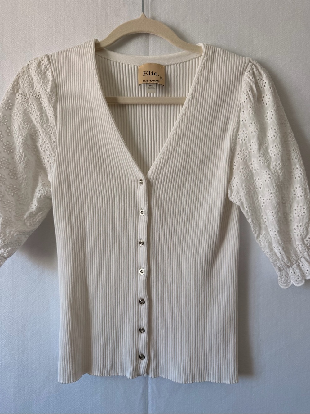 Women's Cream V-Neck Button Front Knit Top with Eyelet Puff Sleeves - Picture 2 of 10